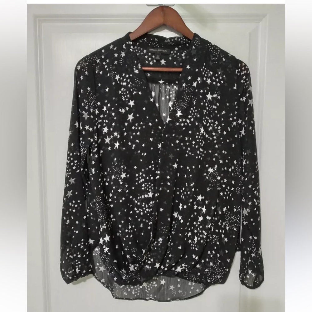 Banana Republic black white star blouse, draped front, good used condition.